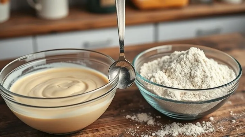 Photorealistic, professional photography, 8K, cinematic lighting, sharp focus, depth of field, shot on a high-end DSLR. A close-up of two bowls on a rustic wooden table. One bowl contains a perfectly mixed, smooth protein pancake batter, while the other holds dry, clumpy protein powder. A measuring spoon is suspended between them, emphasizing the concept of incorrect proportions. The lighting is warm and inviting, but the contrast highlights the problem. The background is subtly blurred, suggesting a home kitchen.
