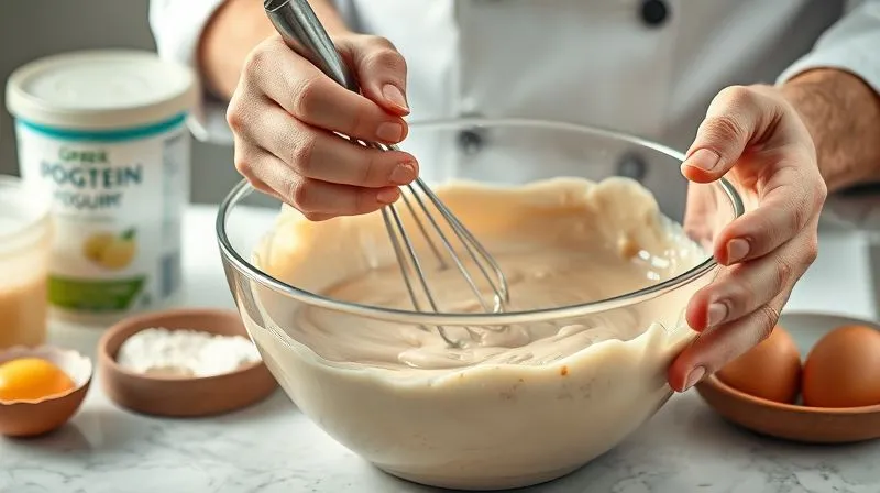 Photorealistic, professional photography, 8K, cinematic lighting, sharp focus, depth of field, shot on a high-end DSLR. A close-up shot of a chef's hands (or home cook's hands) expertly whisking a smooth, creamy protein pancake batter in a glass bowl. The batter has a perfect, flowing consistency. Ingredients like a container of Greek yogurt, a scoop of protein powder, and a few eggs are visible in the soft-focus background, suggesting a precise and deliberate preparation process. The lighting is bright and clean, highlighting the texture of the batter.
