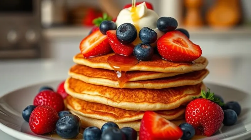 Photorealistic, professional photography, 8K, cinematic lighting, sharp focus, depth of field, shot on a high-end DSLR. A beautifully plated stack of golden-brown protein pancakes, generously topped with a vibrant mix of fresh berries (strawberries, blueberries, raspberries), a dollop of creamy Greek yogurt, and a light drizzle of sugar-free maple syrup. The focus is on the delicious and healthy toppings, making the pancakes look incredibly appealing and moist. The background is softly blurred, showing a clean, modern kitchen setting.