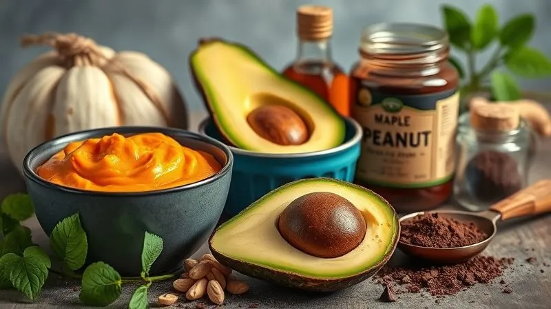 Photorealistic, professional photography, 8K, cinematic lighting, sharp focus, depth of field, shot on a high-end DSLR. A vibrant, artfully arranged composition of ingredients for moist protein brownies: a bowl of smooth pumpkin puree, a ripe avocado cut in half, a jar of natural peanut butter, a bottle of maple syrup, and a scoop of dark chocolate protein powder, all bathed in soft, inviting light. The scene should convey freshness and health.