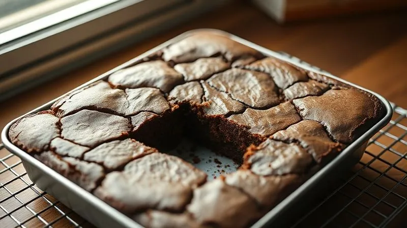 Photorealistic, professional photography, 8K, cinematic lighting, sharp focus, depth of field, shot on a high-end DSLR. A perfectly baked, square protein brownie, still in its baking pan, cooling on a wire rack. The surface is slightly cracked, a rich dark brown color. A single piece has been carefully cut out, revealing a dense, fudgy, moist interior. Soft, natural light from a window illuminates the scene, emphasizing the texture and warmth.