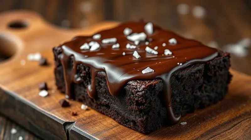 Photorealistic, professional photography, 8K, cinematic lighting, sharp focus, depth of field, shot on a high-end DSLR. A close-up shot of a rich, dark chocolate protein brownie, drizzled with a glossy chocolate ganache and sprinkled with sea salt flakes, resting on a rustic wooden board. The background is softly blurred, emphasizing the luxurious texture and inviting warmth. The lighting highlights the sheen of the ganache and the texture of the brownie, evoking indulgence and craftsmanship.