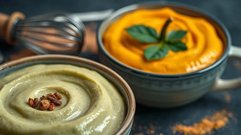 Photorealistic close-up of a bowl of creamy avocado puree next to a bowl of vibrant orange pumpkin puree, with a whisk and cocoa powder in the background, cinematic lighting, sharp focus, depth of field, 8K, shot on a high-end DSLR.
