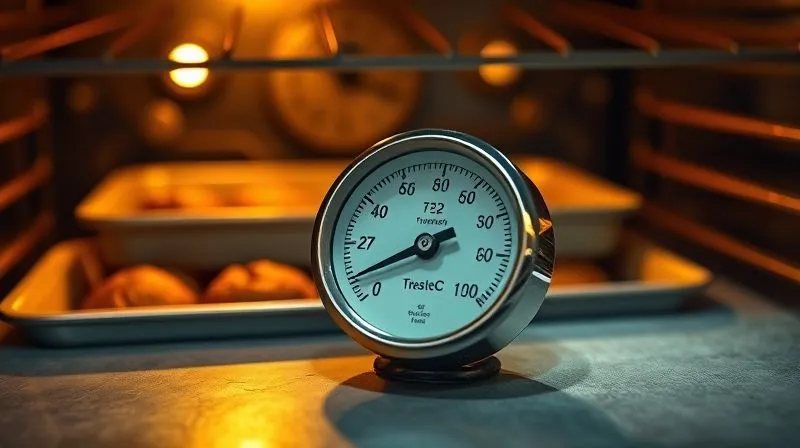 Photorealistic image of a vintage oven thermometer showing a temperature of 165°C, with a subtle blur of a baking tray with brownies inside the oven in the background, warm cinematic lighting, sharp focus on the thermometer, 8K, shot on a high-end DSLR.