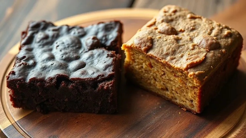 A professional, close-up, photorealistic shot of two different types of protein brownies on a rustic wooden board. One is a dark chocolate avocado brownie with a slightly shiny, crackled top, and the other is a lighter, pumpkin-peanut butter brownie, both showing a perfectly moist, dense interior when cut. Cinematic lighting, sharp focus on the textures, depth of field, 8K, shot on a high-end DSLR.