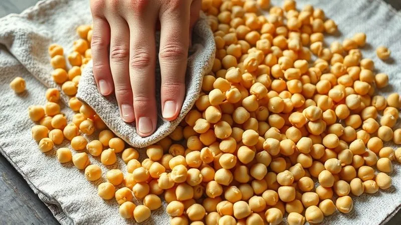 Photorealistic close-up of dried chickpeas on a kitchen towel, ready for roasting, with soft natural light illuminating their texture. A hand is gently patting them dry with another towel.