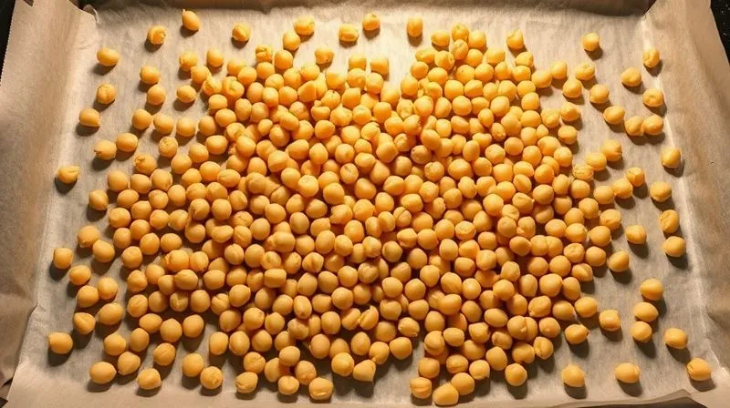 A photorealistic shot of chickpeas spread evenly in a single layer on a baking sheet lined with parchment paper, ready to go into a hot oven. Warm, inviting kitchen light emphasizes the preparation.