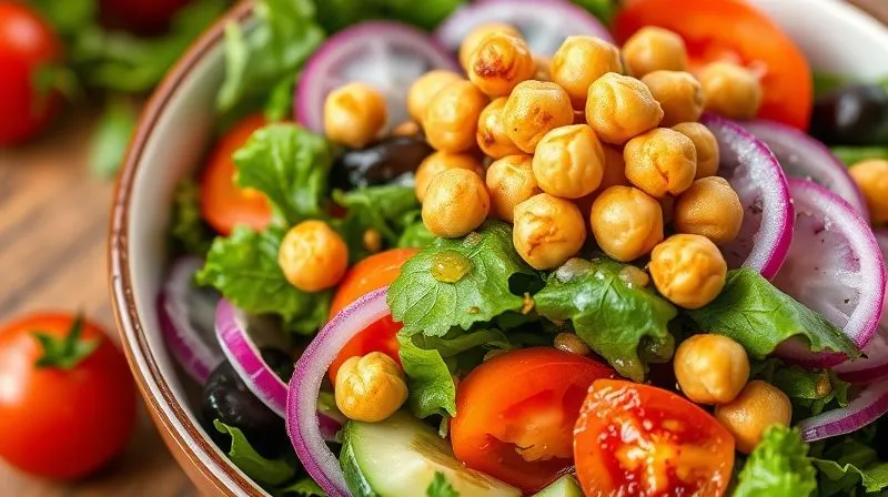 A photorealistic vibrant salad bowl with mixed greens, cherry tomatoes, cucumber, red onion, and a generous topping of golden crispy roasted chickpeas, drizzled with a light vinaigrette. Bright, healthy food photography, shot from an appealing angle, sharp focus.