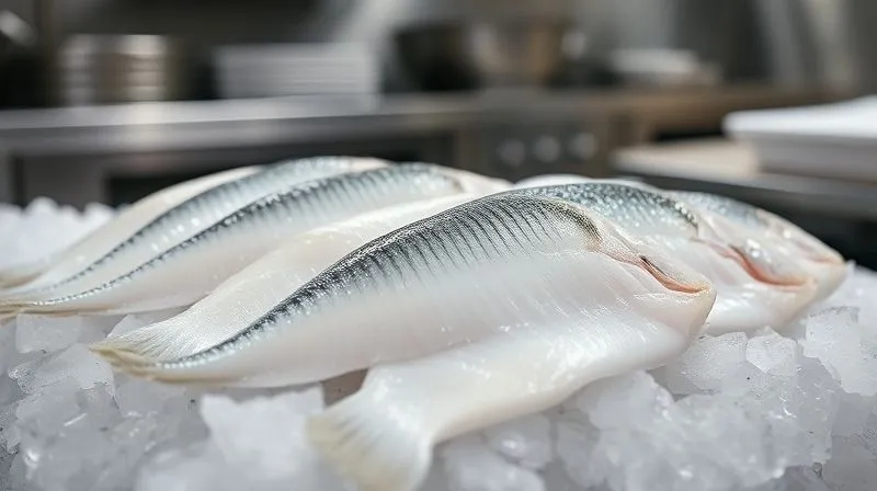 Photorealistic, professional photography, 8K, cinematic lighting, sharp focus, depth of field, shot on a high-end DSLR. A selection of fresh, raw white fish fillets (cod, pollock, haddock) neatly arranged on a bed of crushed ice in a pristine, stainless steel kitchen, emphasizing their quality and freshness. Soft, diffused natural light highlights the glistening texture of the fish, conveying a sense of health and premium ingredients.