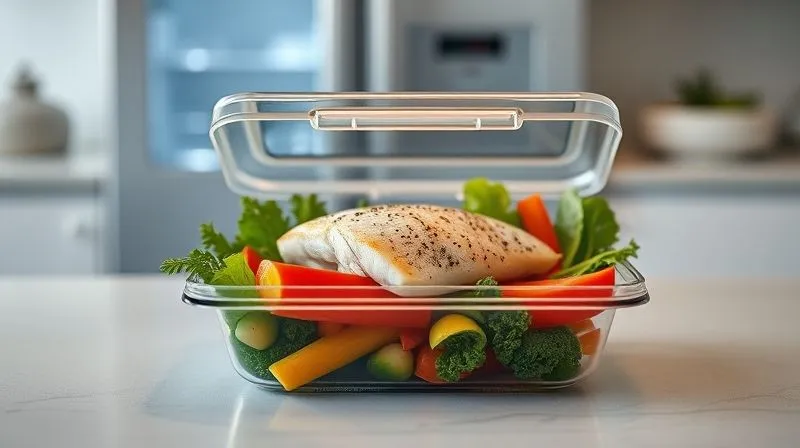 Photorealistic, professional photography, 8K, cinematic lighting, sharp focus, depth of field, shot on a high-end DSLR. A perfectly portioned, cooked white fish fillet nestled in a modern, airtight glass lunchbox, surrounded by fresh, colorful vegetables. The lunchbox is placed on a clean, minimalist kitchen counter, with a blurred background of a refrigerator, emphasizing meticulous food preparation and storage. The lighting is crisp and clean, highlighting the freshness of the meal.