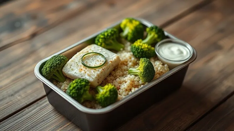 Photorealistic, professional photography, 8K, cinematic lighting, sharp focus, depth of field, shot on a high-end DSLR. A freshly prepared, healthy lunchbox filled with perfectly steamed cod, vibrant green broccoli florets, and fluffy quinoa. A small, separate container of creamy dill sauce is placed alongside. The meal is presented on a rustic wooden table with soft, natural light, emphasizing its freshness and appeal for a healthy office lunch.