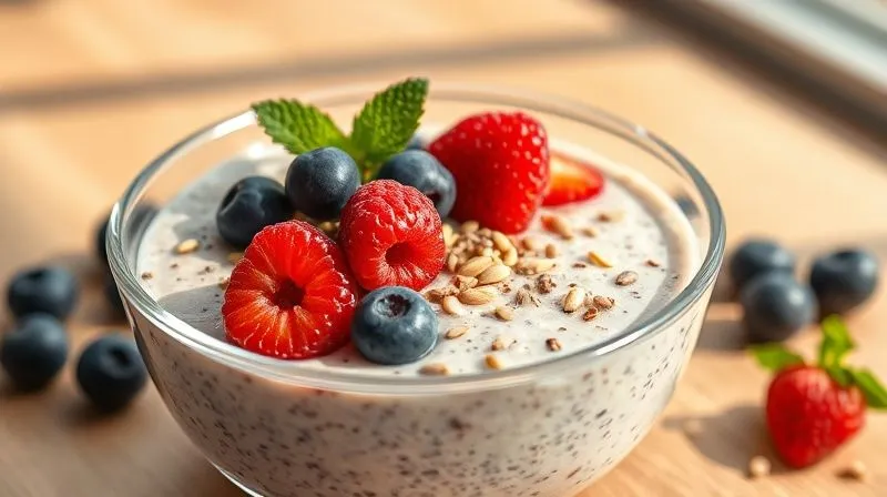 Photorealistic image of a delicious, vibrant protein pudding breakfast in a glass bowl, topped with fresh berries, chia seeds, and a sprinkle of nuts, bathed in natural morning light, professional photography, 8K, cinematic lighting, sharp focus, depth of field, shot on a high-end DSLR.