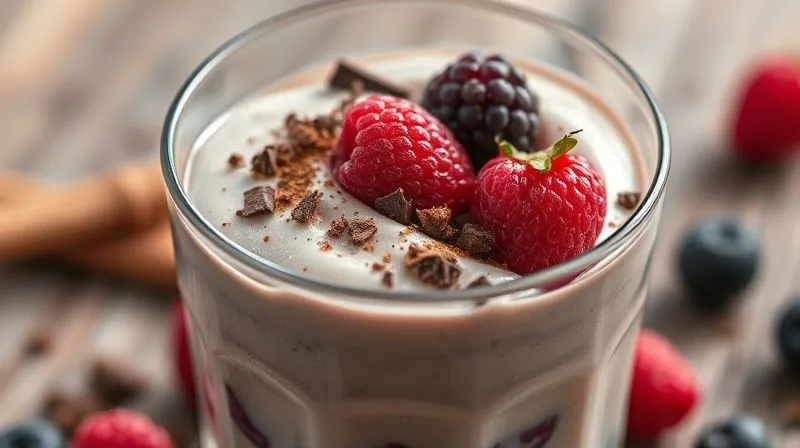 Photorealistic close-up of a rich, creamy protein pudding in a transparent glass, with visible layers of healthy ingredients like dark chocolate shavings, cinnamon dust, and vibrant berries, professional photography, 8K, cinematic lighting, sharp focus, depth of field, shot on a high-end DSLR.