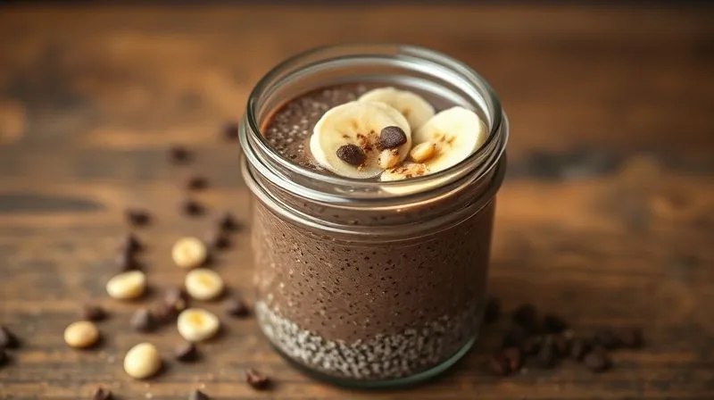Photorealistic image of a beautifully presented vegan chocolate protein chia pudding in a rustic glass jar, topped with a swirl of natural peanut butter, banana slices, and a sprinkle of cocoa nibs, professional photography, 8K, cinematic lighting, sharp focus, depth of field, shot on a high-end DSLR.