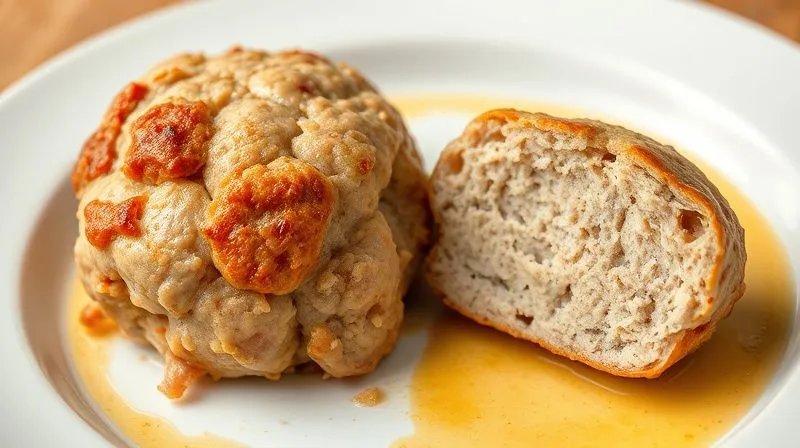 Photorealistic image showing a clear visual contrast between a dry, crumbly turkey meatball on one side of a plate and a perfectly moist, glistening turkey meatball on the other. The dry one looks pale and cracked, while the juicy one has a rich, golden-brown exterior and a visibly moist interior when cut open. Cinematic lighting, sharp focus, depth of field, 8K, professional photography, shot on a high-end DSLR, emphasizing the texture and visual appeal of the juicy meatball.