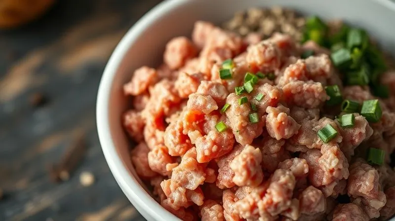 Photorealistic, professional photography, 8K, cinematic lighting, sharp focus on a bowl of freshly ground turkey meat, a mix of light and dark meat visible, suggesting optimal fat content. Next to it, a small amount of finely chopped fresh herbs and spices are ready to be added. Depth of field, shot on a high-end DSLR, conveying freshness and quality ingredients.