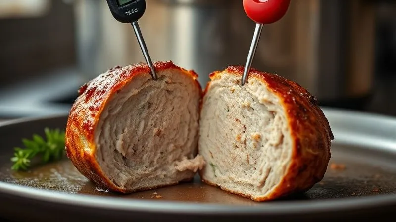 Photorealistic, professional photography, 8K, cinematic lighting, sharp focus on a perfectly cooked turkey meatball, cut in half to show its moist, tender interior. A digital meat thermometer is gently inserted, displaying a reading of 74°C. The background subtly shows a steaming pot or a baking dish, depth of field, shot on a high-end DSLR, conveying precision and ideal cooking.