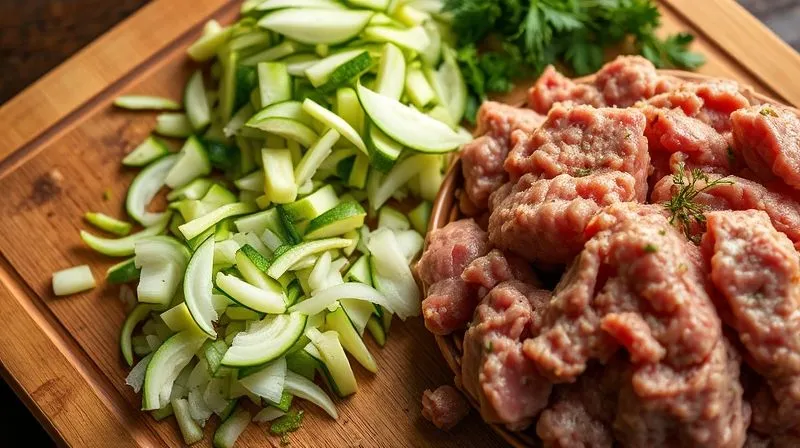 Photorealistic close-up of a cutting board with freshly grated zucchini, finely chopped onions, and a bowl of lean ground turkey meat, with fresh herbs and spices around, cinematic lighting, sharp focus on ingredients, depth of field, 8K, professional food photography.