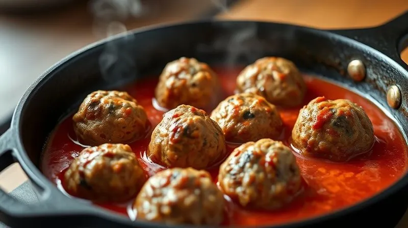 Photorealistic image of perfectly cooked, juicy turkey meatballs simmering gently in a rich, vibrant tomato sauce in a cast iron pan. Steam is rising, cinematic lighting, sharp focus on the meatballs and sauce, depth of field, 8K, professional food photography.