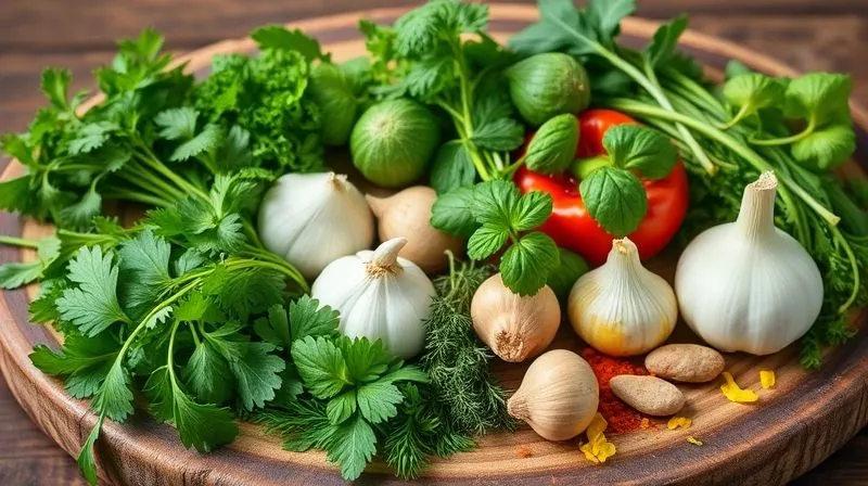 A professional studio shot of various fresh herbs and spices, including parsley, cilantro, dill, mint, basil, oregano, thyme, garlic, onion, paprika, cumin, curry, ginger, and lemon zest, arranged aesthetically on a rustic wooden board, with soft, natural light highlighting their vibrant colors. Photorealistic, professional photography, 8K, cinematic lighting, sharp focus, depth of field, shot on a high-end DSLR.