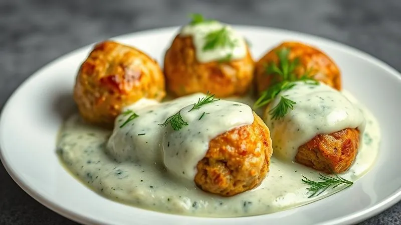 A stunning, photorealistic professional photography shot of beautifully cooked, golden-brown turkey meatballs with a creamy, vibrant green yogurt-dill sauce, garnished with fresh dill sprigs, served on a modern white plate. The meatballs are perfectly plump and show subtle signs of juiciness. Soft, diffused cinematic lighting enhances the textures and colors, creating an inviting and delicious presentation. Sharp focus on the meatballs and sauce, depth of field blurring a minimalist background, 8K hyper-detailed, shot on a high-end DSLR.