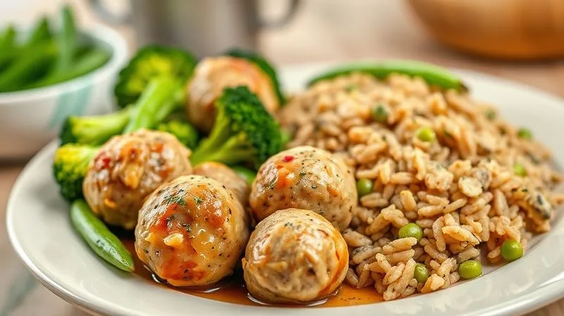 A vibrant, photorealistic professional photography shot of a balanced, healthy meal featuring juicy turkey meatballs, steamed green vegetables (like broccoli and green beans), and a serving of brown rice, artfully arranged on a light plate. The image emphasizes freshness, nutrition, and appealing presentation. Soft, natural cinematic lighting, sharp focus on the food, depth of field blurring a clean kitchen background, 8K hyper-detailed, shot on a high-end DSLR.
