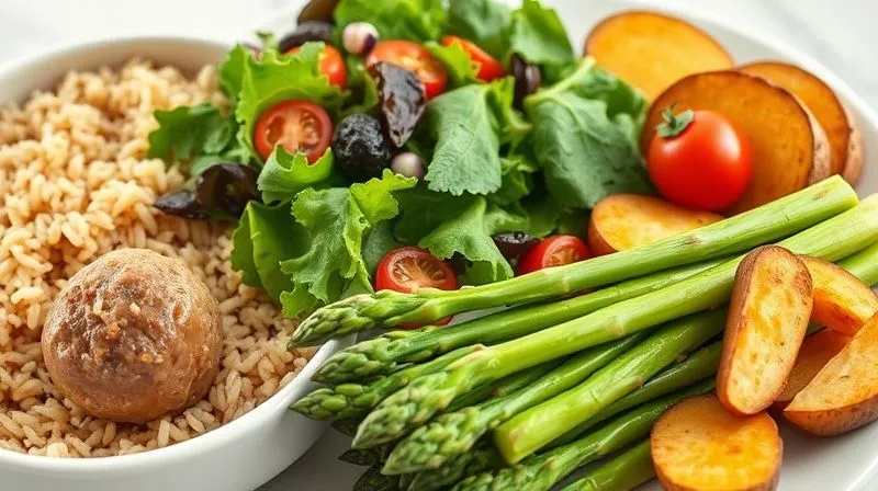 A beautifully styled, photorealistic professional photography shot of a diverse and colorful selection of healthy side dishes for turkey meatballs: a bowl of fluffy brown rice, a vibrant green salad with mixed greens and cherry tomatoes, perfectly steamed asparagus, and roasted sweet potato wedges. The composition is clean and inviting, showcasing variety and nutrition. Bright, natural cinematic lighting, sharp focus on the food elements, subtle depth of field blurring the background, 8K hyper-detailed, shot on a high-end DSLR.