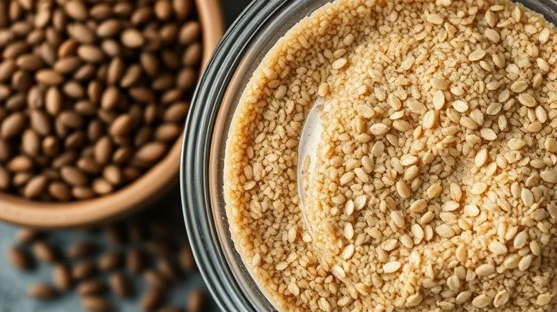 Photorealistic close-up of a small bowl with ground flaxseed mixed with water, forming a gel-like consistency, next to a bowl of whole chia seeds. Soft, natural light, sharp focus, depth of field, 8K, professional photography.