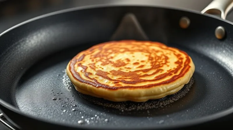 Photorealistic image of a perfectly golden-brown vegan pancake sizzling on a hot non-stick pan, with steam gently rising. The pan is clean, without visible oil, emphasizing low-calorie cooking. Cinematic lighting, sharp focus, 8K, professional photography.