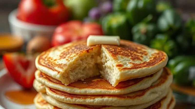 A close-up, photorealistic image of a cracked, undercooked vegan pancake, showing a dense, gummy texture, contrasted with a blurred background of fresh, vibrant ingredients, cinematic lighting, sharp focus on the pancake's imperfection, depth of field, 8K, shot on a high-end DSLR.