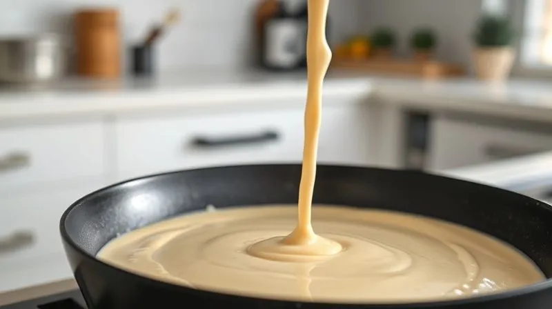 A photorealistic, close-up shot of a perfect vegan pancake batter being poured into a pan, showing a smooth, slightly thick consistency, with small bubbles already forming. The background shows a clean, modern kitchen. Cinematic lighting, sharp focus, depth of field, 8K, shot on a high-end DSLR.