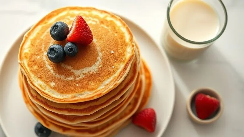 A photorealistic, top-down view of a perfectly cooked stack of fluffy vegan pancakes, golden brown and airy, next to a small bowl of fresh berries and a glass of plant-based milk. The setting is bright and clean, emphasizing health and perfection. Cinematic lighting, sharp focus, depth of field, 8K, shot on a high-end DSLR.
