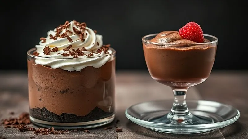 Photorealistic, professional photography, 8K, cinematic lighting, sharp focus on two contrasting desserts: on the left, a heavy, decadent traditional chocolate mousse overflowing with whipped cream and chocolate shavings; on the right, a light, elegantly plated fit chocolate mousse in a minimalist glass, garnished with a single fresh berry, conveying health and sophistication. Depth of field, shot on a high-end DSLR, stark contrast in mood and ingredients.