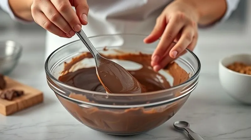 Photorealistic, professional photography, 8K, cinematic lighting, sharp focus on a pair of hands gently folding a light, airy chocolate mixture with a spatula into a glass bowl, showcasing the delicate texture and process. The background is a clean, modern kitchen setting, depth of field, shot on a high-end DSLR, soft natural light.