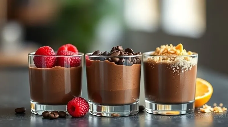 Photorealistic, professional photography, 8K, cinematic lighting, sharp focus on three small, elegantly presented glasses of fit chocolate mousse, each with a different variation: one with fresh raspberries, one with coffee beans and a sprinkle of cocoa powder, and one with toasted coconut flakes and a hint of orange zest. The composition is artful, inviting, and highlights healthy indulgence. Depth of field, shot on a high-end DSLR, soft, warm light.