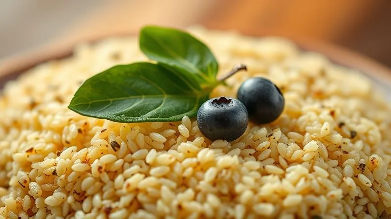 Photorealistic, professional photography, 8K, cinematic lighting, sharp focus, depth of field, shot on a high-end DSLR. A close-up of cooked quinoa grains, perfectly fluffy, with a few fresh spinach leaves and a single blueberry, emphasizing its nutritional value and versatility for a healthy vegan diet. The background is softly blurred with warm, natural light.