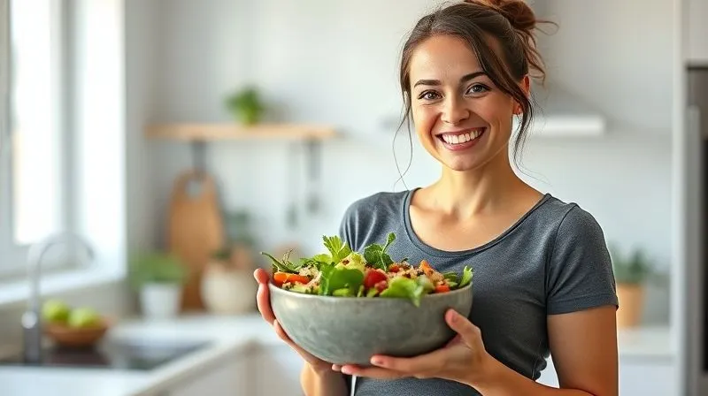 Photorealistic, professional photography, 8K, cinematic lighting, sharp focus, depth of field, shot on a high-end DSLR. A woman smiling confidently, holding a vibrant vegan quinoa salad bowl, in a modern, brightly lit kitchen. The scene conveys health, energy, and successful weight management. Soft, natural light highlights her happy expression and the fresh ingredients.