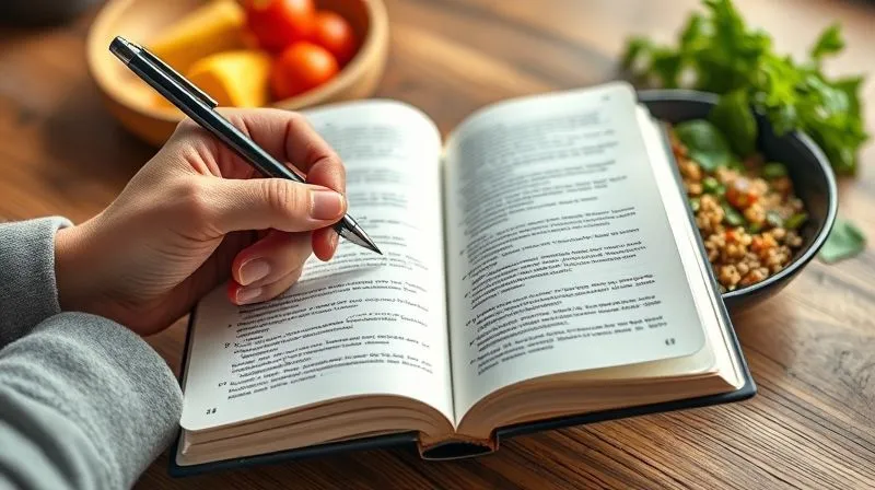 Photorealistic, professional photography, 8K, cinematic lighting, sharp focus, depth of field, shot on a high-end DSLR. A person's hand holding a pen, making notes in a neat, open journal with a healthy vegan meal (quinoa bowl) in the blurred background. The scene conveys mindfulness, planning, and progress tracking in a dietary journey.