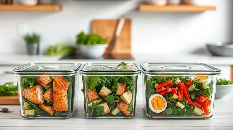 Photorealistic, professional photography, 8K, cinematic lighting, sharp focus, depth of field, shot on a high-end DSLR. A neatly organized meal prep station in a modern kitchen. Several transparent glass containers are filled with colorful low-carb arugula salads, each distinct with different protein sources (grilled chicken, salmon, hard-boiled eggs) and fresh vegetables. A cutting board with chopped vegetables and a bowl of fresh arugula are visible in the background, suggesting preparation. The scene is clean, bright, and inspiring, conveying efficiency and healthy living.