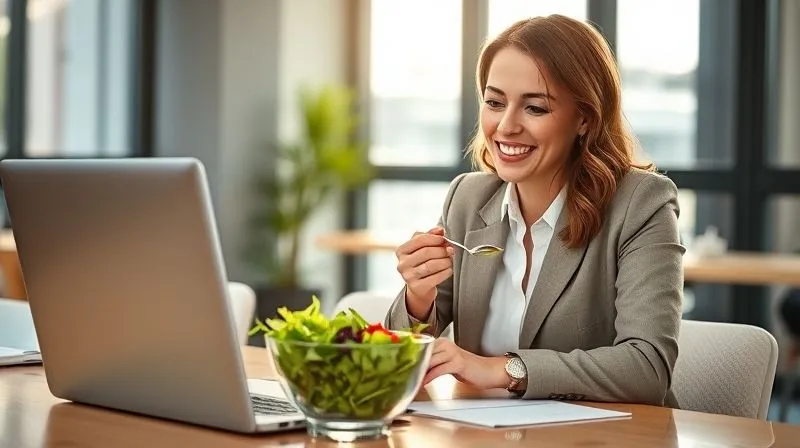 Photorealistic, professional photography, 8K, cinematic lighting, sharp focus, depth of field, shot on a high-end DSLR. A cheerful, focused woman in her mid-30s, professionally dressed, happily eating a vibrant arugula salad from a glass container at her modern office desk. Her laptop is open but she is looking at her meal with a satisfied smile. Sunlight streams through a large window. The atmosphere is calm, productive, and healthy, reflecting success and well-being.
