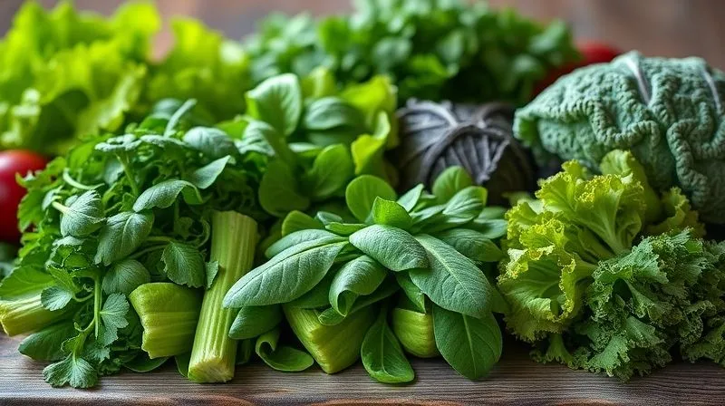 Photorealistic, professional photography, 8K, cinematic lighting, sharp focus, depth of field, shot on a high-end DSLR. A vibrant, visually appealing display of various fresh leafy green vegetables arranged artfully on a rustic wooden table. Prominently featured are piles of bright green arugula, dark green spinach, crisp romaine lettuce, and curly kale. Natural light illuminates the scene, highlighting the different textures and shades of green. The composition is fresh, natural, and inviting, emphasizing healthy choices.