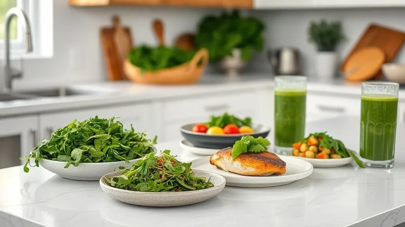 Photorealistic, professional photography, 8K, cinematic lighting, sharp focus, depth of field, shot on a high-end DSLR. A beautifully styled kitchen counter featuring a variety of creative dishes incorporating arugula beyond just salad. Examples include a low-carb breakfast scramble with arugula, a small bowl of pesto made with arugula, a side of roasted chicken with a fresh arugula garnish, and an arugula-infused green smoothie. The setting is bright and inviting, showcasing the versatility and freshness of arugula in different meals.