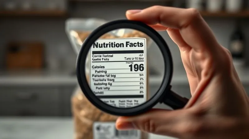 Photorealistic, professional photography, 8K, cinematic lighting, sharp focus, depth of field, shot on a high-end DSLR. A hand holding a magnifying glass over a nutrition label of a brown rice package, with a calorie number highlighted, but other macronutrients blurred in the background, symbolizing overlooked details. The background is a minimalist kitchen counter. Emotional resonance: scrutiny, revelation.