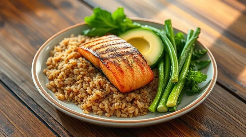 Photorealistic, professional photography, 8K, cinematic lighting, sharp focus, depth of field, shot on a high-end DSLR. A perfectly balanced meal on a plate: a moderate portion of brown rice, a generous serving of grilled salmon (protein), a slice of avocado (healthy fat), and vibrant steamed green vegetables. The plate is on a rustic wooden table, bathed in warm, inviting light. Emotional resonance: satisfaction, health, balance.