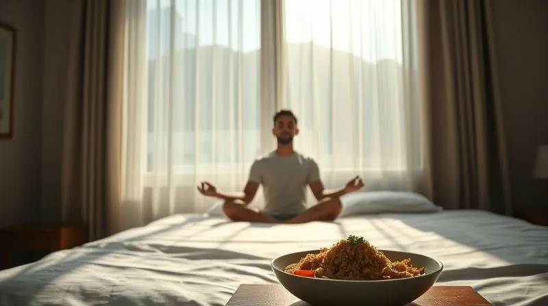 Photorealistic, professional photography, 8K, cinematic lighting, sharp focus, depth of field, shot on a high-end DSLR. A person meditating peacefully in a dimly lit, minimalist bedroom, with soft morning light filtering through curtains. A subtle visual cue of a healthy meal (e.g., a bowl of brown rice with vegetables) on a bedside table, symbolizing the connection between mental well-being and diet. Emotional resonance: calm, balance, inner peace, health.