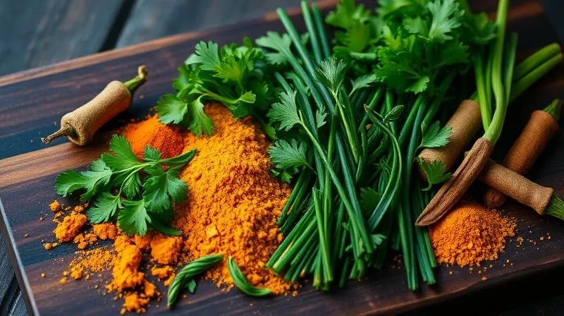 A close-up, photorealistic, professional photography shot of a vibrant array of fresh herbs like cilantro, parsley, and chives, alongside colorful spices such as turmeric, smoked paprika, and cumin, arranged artfully on a dark wooden cutting board, with cinematic lighting, sharp focus on the textures, depth of field blurring the background, 8K hyper-detailed, shot on a high-end DSLR.
