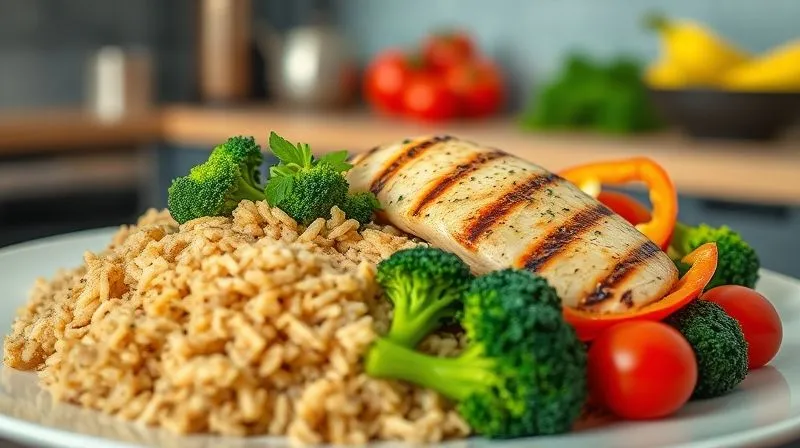 A photorealistic, professional photography shot of a perfectly balanced, low-fat fitness meal. A generous portion of vibrant, aromatic brown rice is served alongside grilled chicken breast seasoned with herbs, and a colorful medley of steamed broccoli, bell peppers, and cherry tomatoes. Cinematic lighting, sharp focus on the meal, depth of field blurring a modern kitchen background, 8K hyper-detailed, shot on a high-end DSLR.