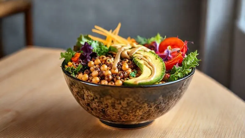 photorealistic, professional photography, 8K, cinematic lighting, sharp focus, depth of field, shot on a high-end DSLR, a vibrant and colorful vegan Buddha bowl with brown rice as the base, topped with roasted chickpeas, colorful fresh vegetables, avocado slices, and a drizzle of tahini sauce, presented on a light wooden table
