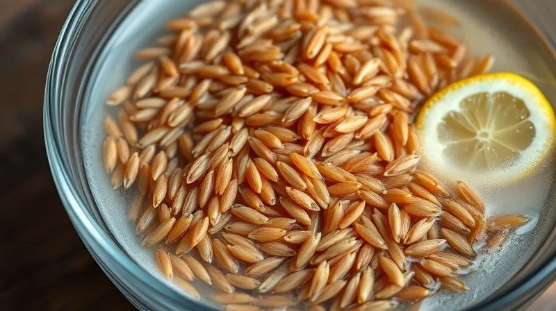 A close-up, photorealistic, professional photography shot of raw brown rice grains soaking in a glass bowl filled with water, with a subtle hint of lemon wedge nearby. The water is slightly cloudy, emphasizing the process of purification and preparation. Cinematic lighting, sharp focus on the rice, depth of field blurring the background. 8K hyper-detailed, shot on a high-end DSLR.