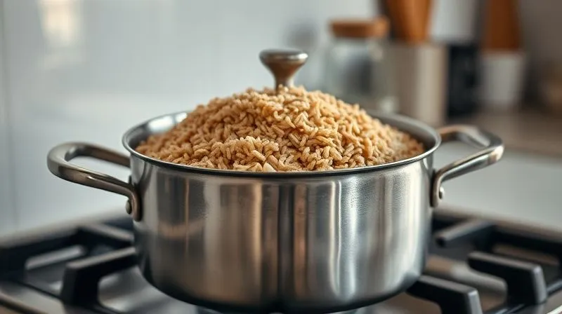 A photorealistic, professional photography shot of brown rice gently simmering in a heavy-bottomed stainless steel pot on a gas stove, with steam subtly rising from under a slightly ajar lid. The kitchen environment is clean and modern, with soft, warm cinematic lighting. Sharp focus on the pot and rice, depth of field blurring the background. 8K hyper-detailed, shot on a high-end DSLR.